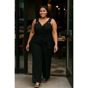 Inc International Concepts Size 0X Black Rhinestone-Accented Wrap-Style Jumpsuit